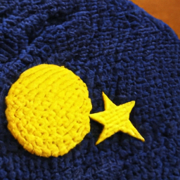Pixel+LILIE sample for: A yellow crocheted moon and star sit on a dark blue, textured blanket.