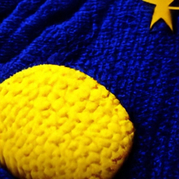 Pixel sample for: A yellow crocheted moon and star sit on a dark blue, textured blanket.
