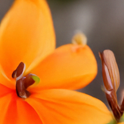 Pixel sample for: orange petals, brown stamens, close-up, flower, blurred background