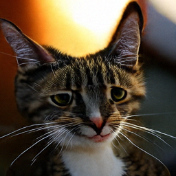 Pixel sample for: tabby cat, white chest, sunlight, close-up