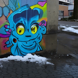 Pixel+LILIE sample for: A colorful mural of a blue, cartoonish character with glowing eyes covers a conc
