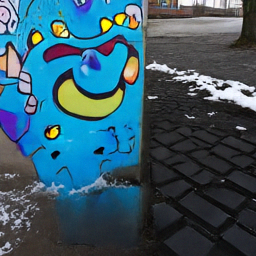 Pixel sample for: A colorful mural of a blue, cartoonish character with glowing eyes covers a conc