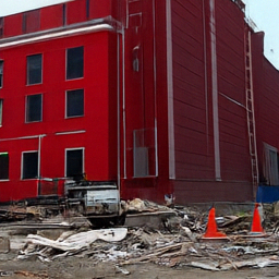Pixel sample for: red building, debris, construction, truck, cone