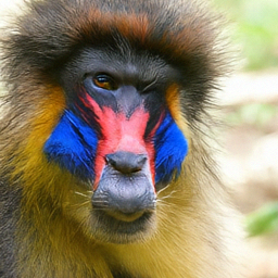 Pixel+LILIE sample for: A mandrill monkey with bright red and blue facial markings looks directly at the