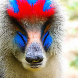 Pixel sample for: A mandrill monkey with bright red and blue facial markings looks directly at the