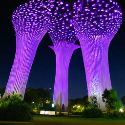 Pixel+LILIE sample for: Tall, tree-like structures with purple lights stand in a park at night.