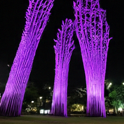 Pixel sample for: Tall, tree-like structures with purple lights stand in a park at night.
