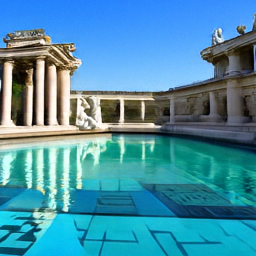 Pixel sample for: A large, rectangular swimming pool with clear blue water is centered in the scen