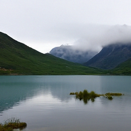 Pixel+LILIE sample for: A calm lake reflects the overcast sky and surrounding mountains. Green hills ris