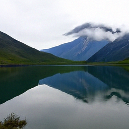Pixel sample for: A calm lake reflects the overcast sky and surrounding mountains. Green hills ris