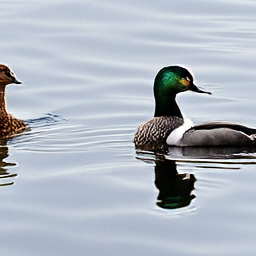 Pixel+LILIE sample for: Two ducks swim side by side on calm water. The duck on the right has a green hea