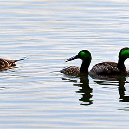 Pixel sample for: Two ducks swim side by side on calm water. The duck on the right has a green hea