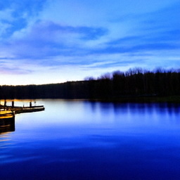 Pixel sample for: A wide, calm lake stretches across the scene under a deep blue twilight sky with